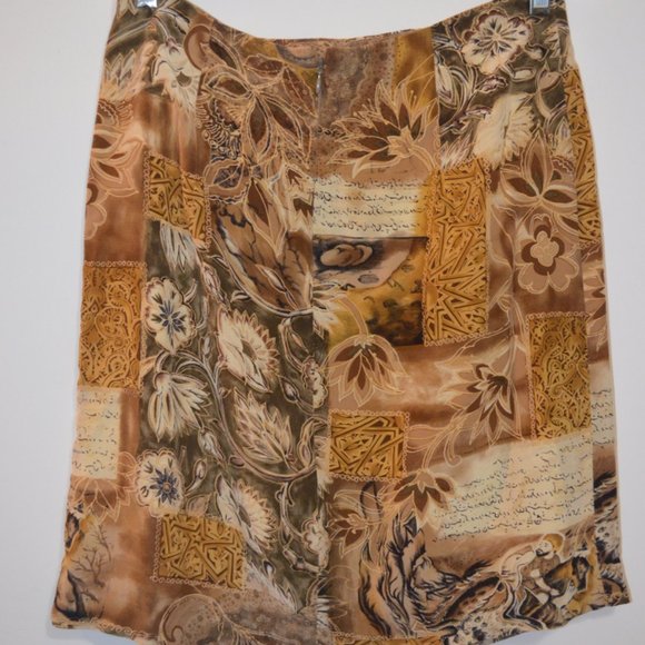 MARK SHALE Midi Skirt Lining Front Fold Floral Cream-Brown Zip Back USA 10 - Picture 8 of 10